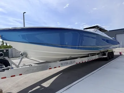 Deep blue Nor-Tech centre console on its trailer